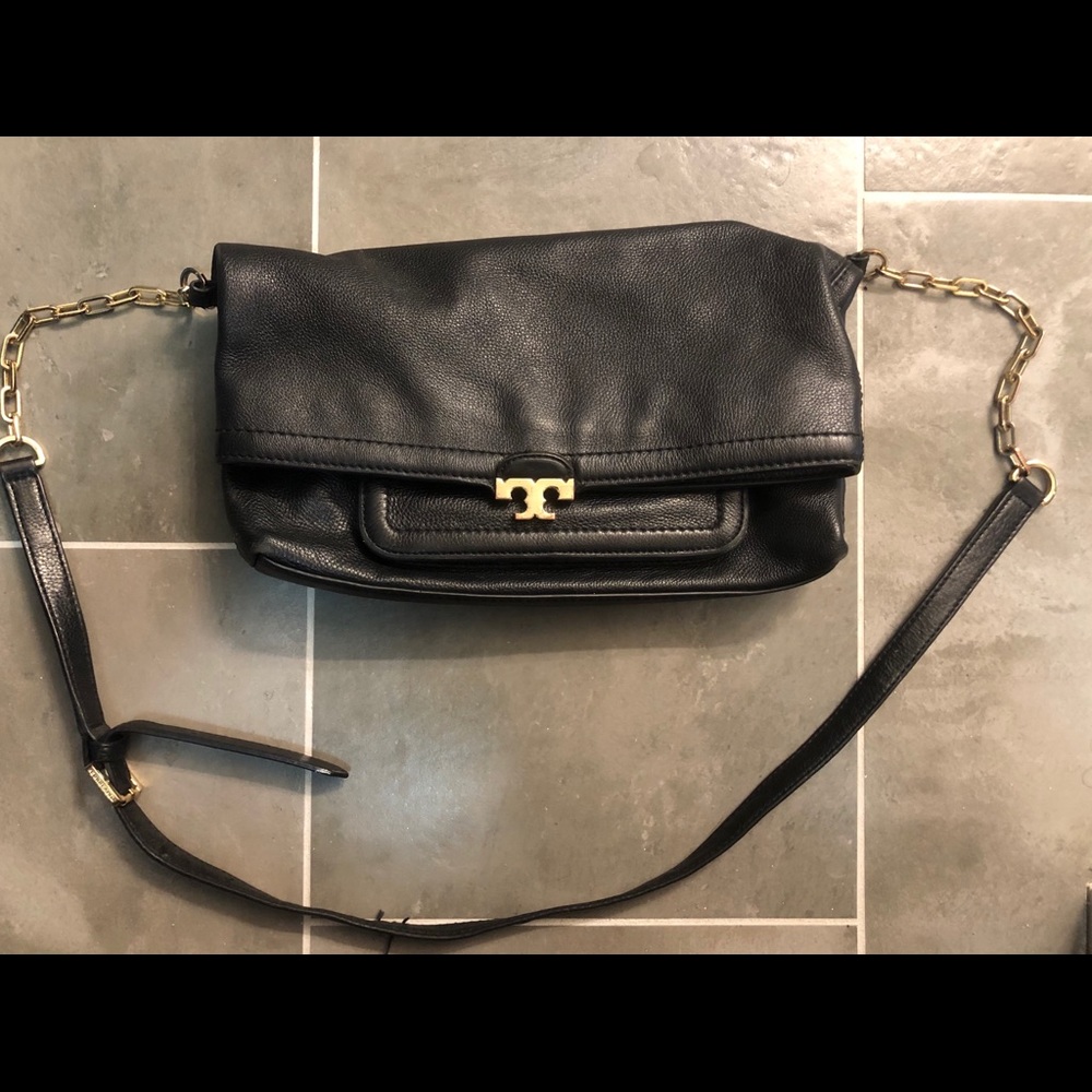 Tory Burch Black Leather Crossbody Foldover Bag